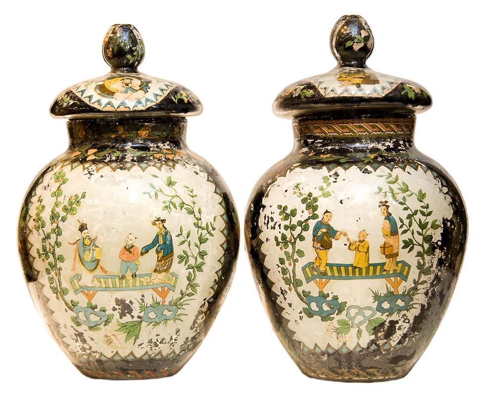 Pair Antique Japonaiserie Chinoiserie Chinese French Verre Eglomise Glass Jars Vases