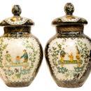 Pair Antique Japonaiserie Chinoiserie Chinese French Verre Eglomise Glass Jars Vases