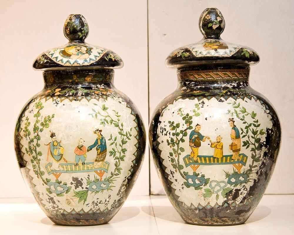 Pair Antique Japonaiserie Chinoiserie Chinese French Verre Eglomise Glass Jars Vases
