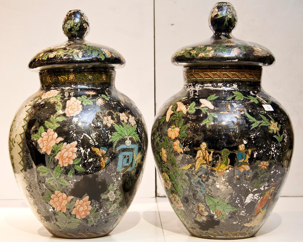 Pair Antique Japonaiserie Chinoiserie Chinese French Verre Eglomise Glass Jars Vases