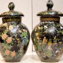 Pair Antique Japonaiserie Chinoiserie Chinese French Verre Eglomise Glass Jars Vases
