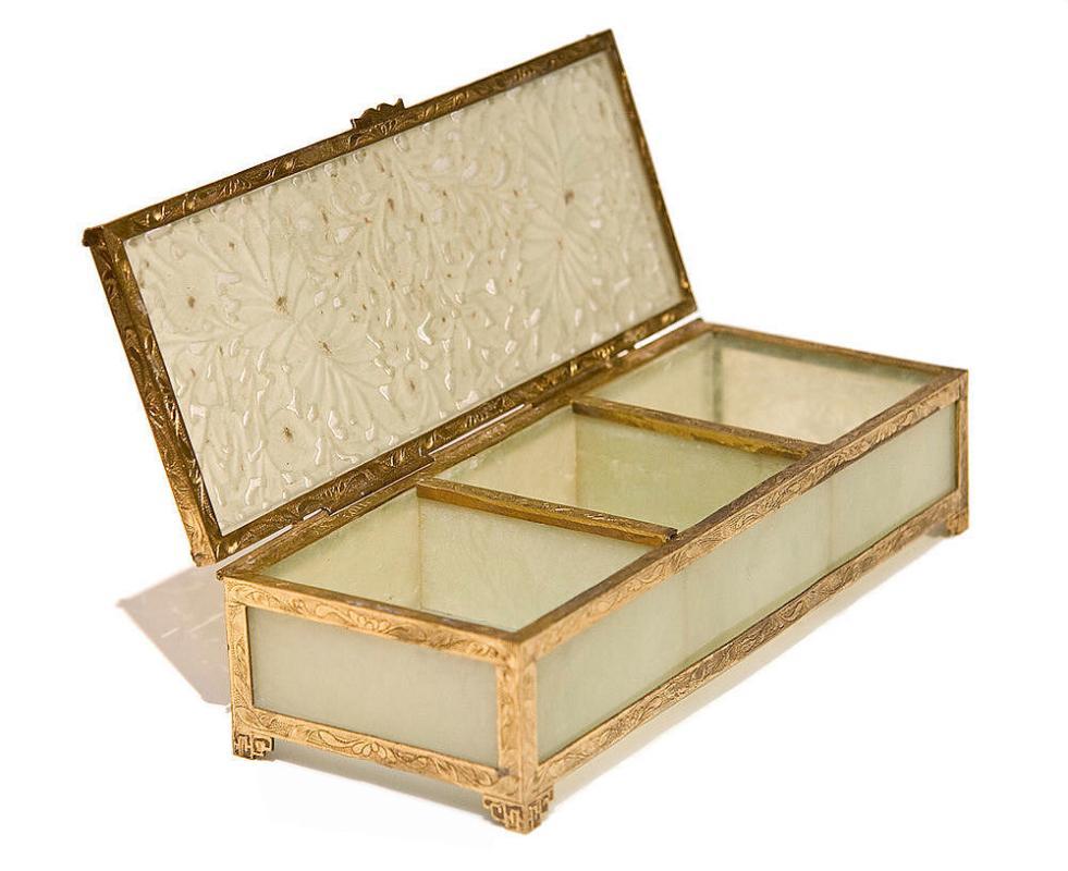 Antique Jade Glass and Gilt Metal Jewelry Box Casket