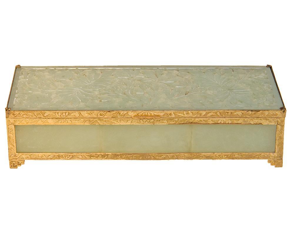 Antique Jade Glass and Gilt Metal Jewelry Box Casket