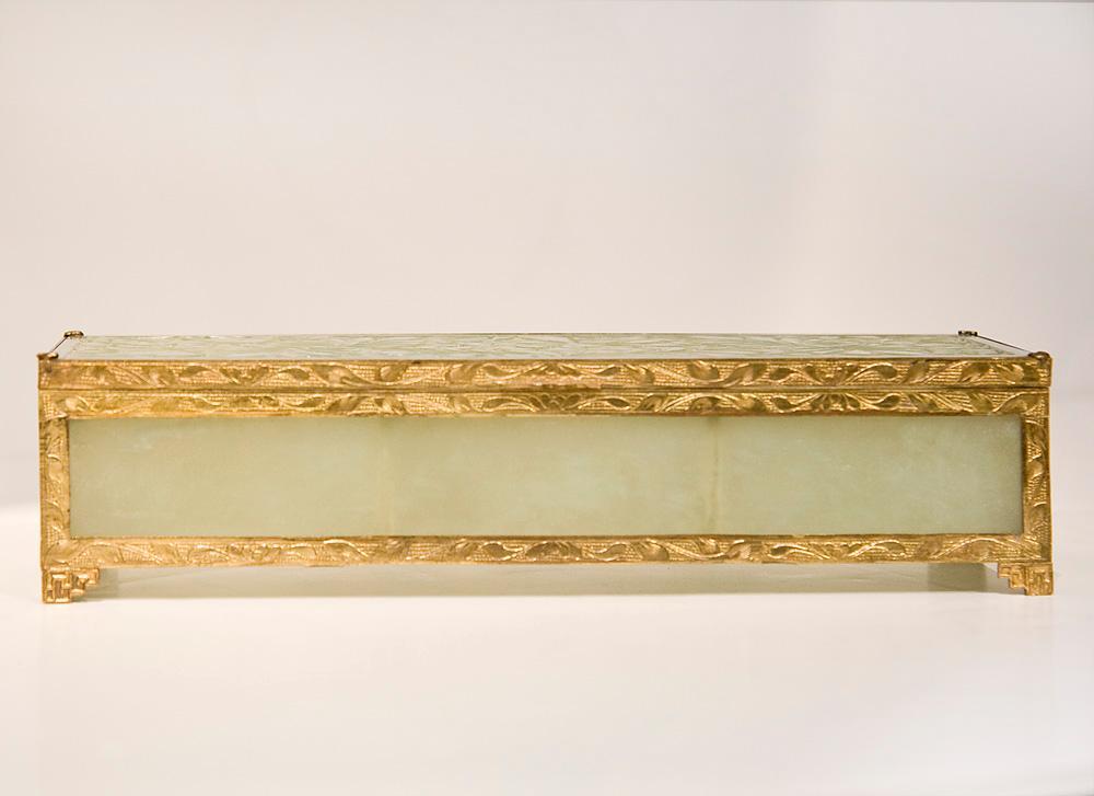Antique Jade Glass and Gilt Metal Jewelry Box Casket