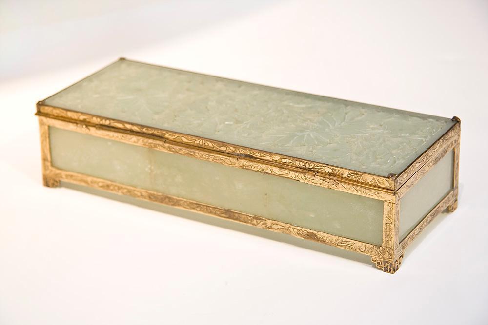 Antique Jade Glass and Gilt Metal Jewelry Box Casket