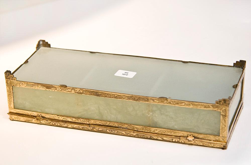 Antique Jade Glass and Gilt Metal Jewelry Box Casket