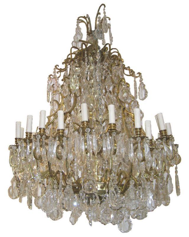 Palatial Antique 34-Candle Brass and Crystal Chandelier