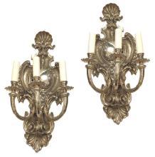 Pair of Regency Style Silvered Bronze Shield-Back Sconces with Shell Motif
