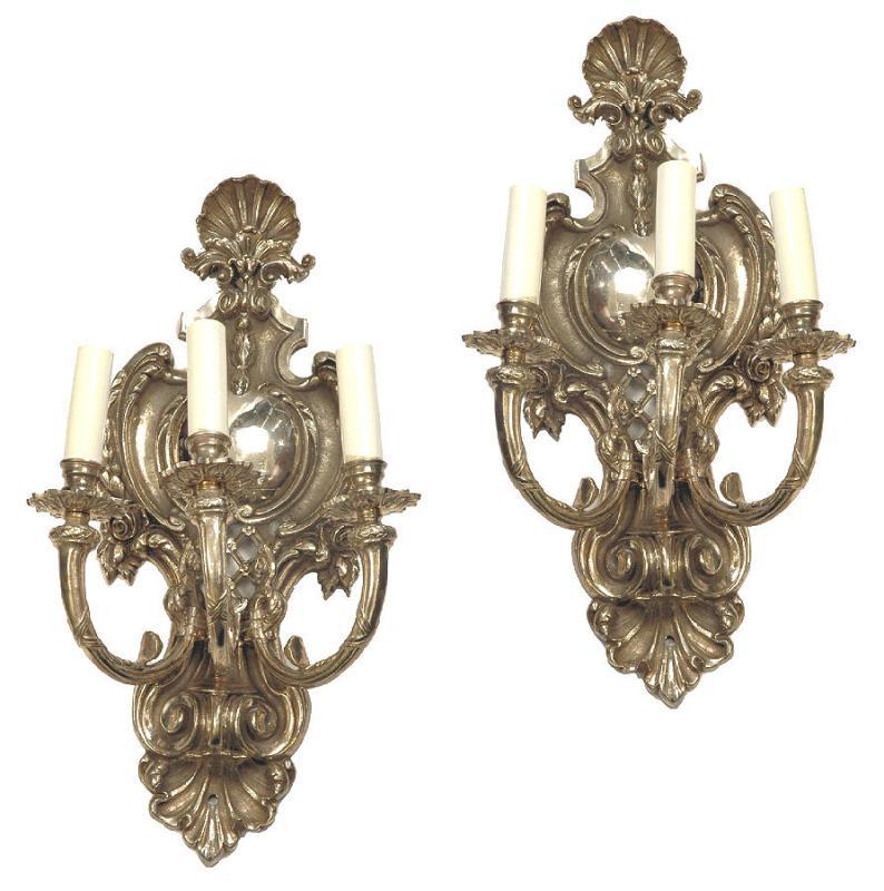 Pair of Regency Style Silvered Bronze Shield-Back Sconces with Shell Motif