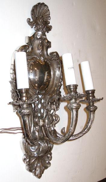 Pair of Regency Style Silvered Bronze Shield-Back Sconces with Shell Motif