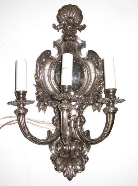 Pair of Regency Style Silvered Bronze Shield-Back Sconces with Shell Motif