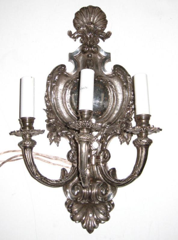 Pair of Regency Style Silvered Bronze Shield-Back Sconces with Shell Motif