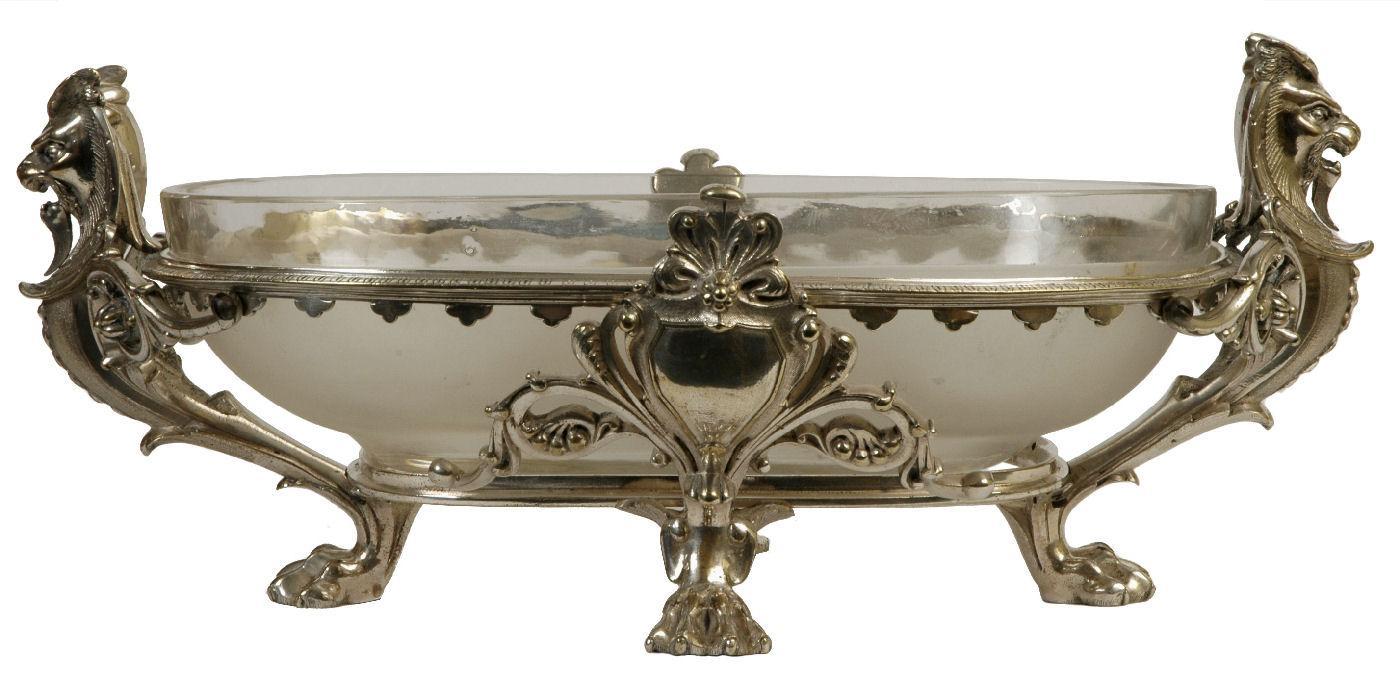 Antique Greek Revival Christofle Attributed Silvered Bronze and Matte Crystal Centerpiece