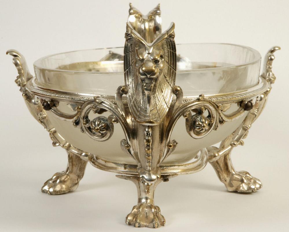 Antique Greek Revival Christofle Attributed Silvered Bronze and Matte Crystal Centerpiece