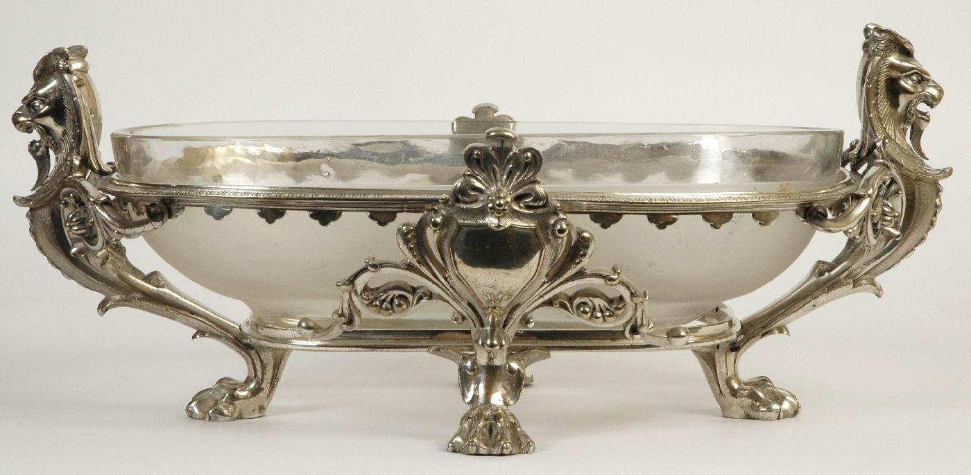 Antique Greek Revival Christofle Attributed Silvered Bronze and Matte Crystal Centerpiece