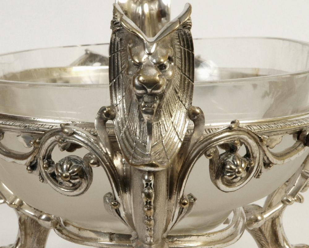 Antique Greek Revival Christofle Attributed Silvered Bronze and Matte Crystal Centerpiece