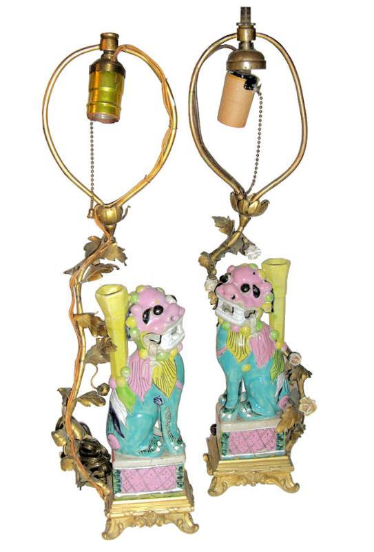 Pair of Chinese Export Porcelain Foo Dog Lamps