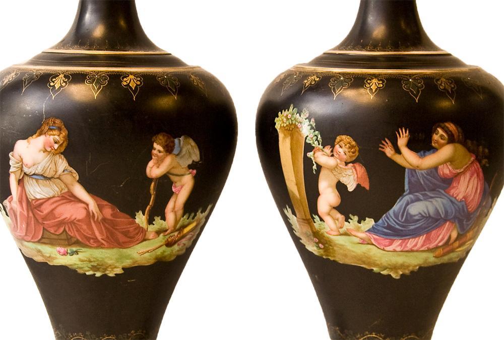 Pair Antique Grand Tour Neoclassical Greek Style Paris Porcelain Vases