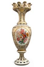 Monumental Antique Bohemian Gilt Floral Painted Cased Overlay Glass Vase