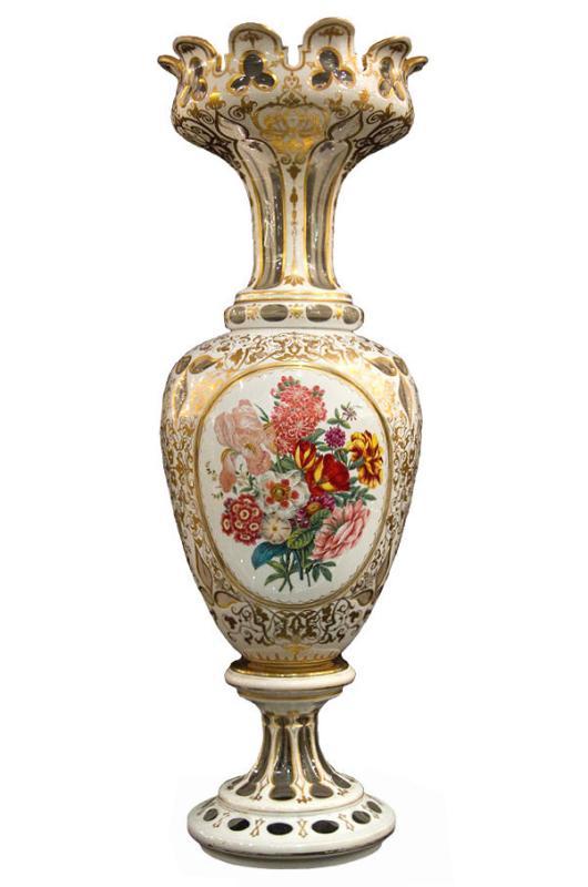 Monumental Antique Bohemian Gilt Floral Painted Cased Overlay Glass Vase