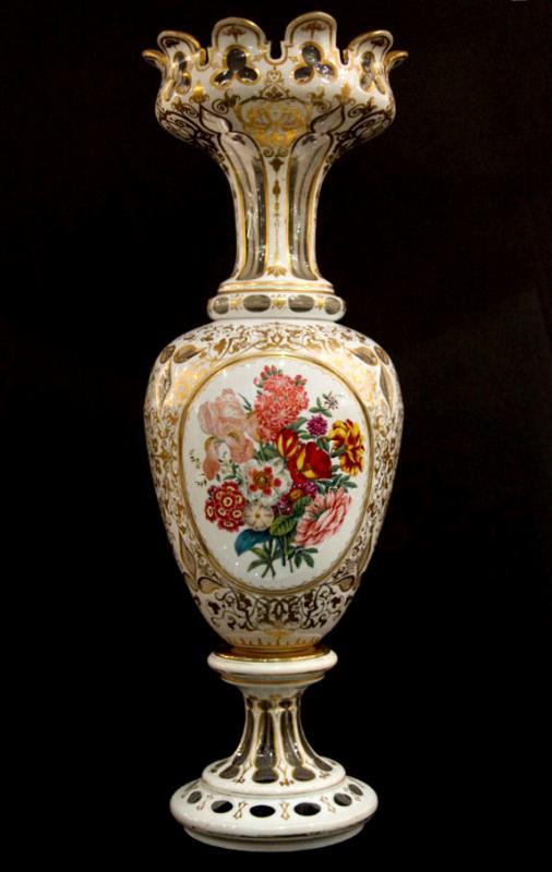 Monumental Antique Bohemian Gilt Floral Painted Cased Overlay Glass Vase