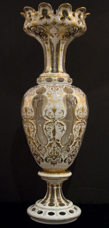 Monumental Antique Bohemian Gilt Floral Painted Cased Overlay Glass Vase
