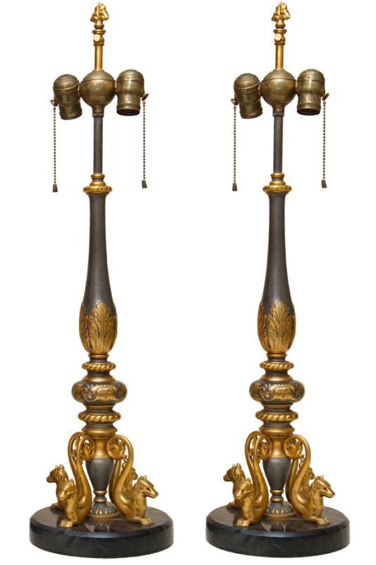 Pair Antique Gilt Metal & Marble Renaissance Revival E.F. Caldwell Table Lamps