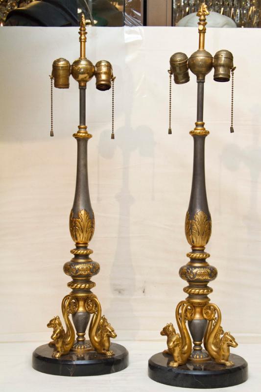 Pair Antique Gilt Metal & Marble Renaissance Revival E.F. Caldwell Table Lamps