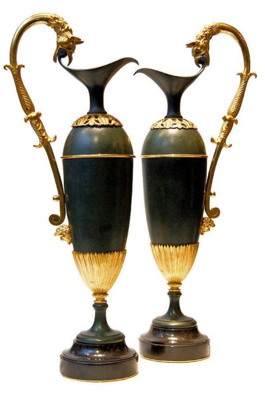 Pair Antique French Empire Patinated & Gilt Bronze Ewers Urns in Manner of Andre-Antoine Ravrio