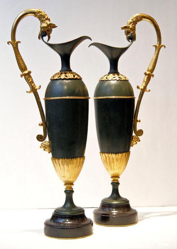 Pair Antique French Empire Patinated & Gilt Bronze Ewers Urns in Manner of Andre-Antoine Ravrio