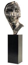 Mid-Century Modern Silvered Metal Mask Bust Sculpture on Black Pedestal