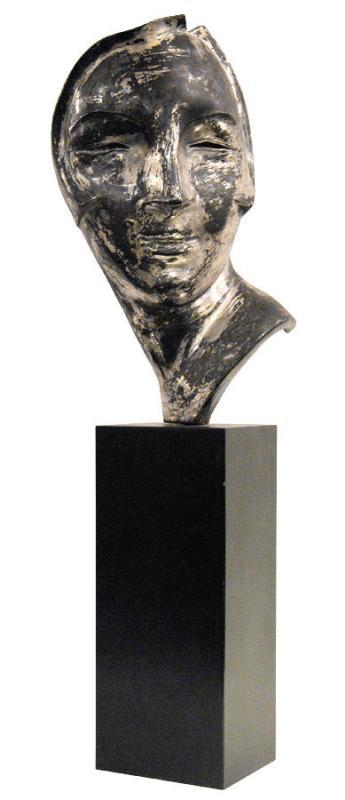 Mid-Century Modern Silvered Metal Mask Bust Sculpture on Black Pedestal