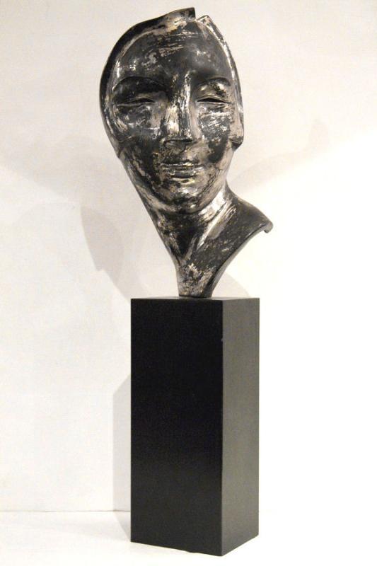 Mid-Century Modern Silvered Metal Mask Bust Sculpture on Black Pedestal
