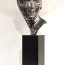 Mid-Century Modern Silvered Metal Mask Bust Sculpture on Black Pedestal