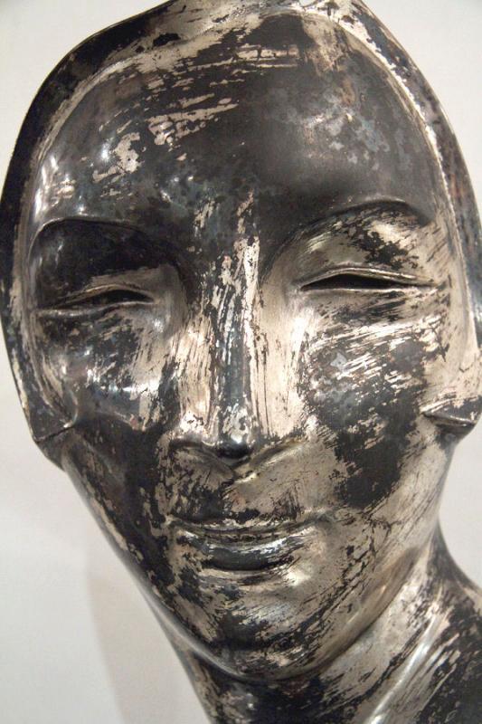 Mid-Century Modern Silvered Metal Mask Bust Sculpture on Black Pedestal