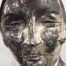 Mid-Century Modern Silvered Metal Mask Bust Sculpture on Black Pedestal