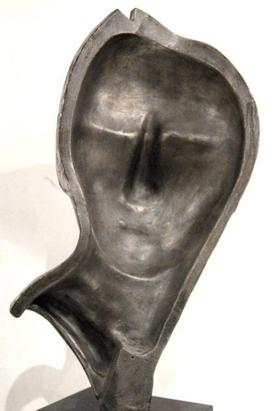Mid-Century Modern Silvered Metal Mask Bust Sculpture on Black Pedestal