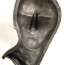Mid-Century Modern Silvered Metal Mask Bust Sculpture on Black Pedestal