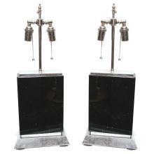 Pair Black Obsidian Stone & Silver Gilt Table Lamps