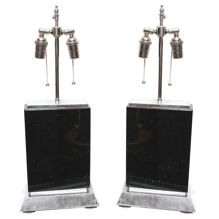 Pair Black Obsidian Stone & Silver Gilt Table Lamps