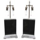 Pair Black Obsidian Stone & Silver Gilt Table Lamps