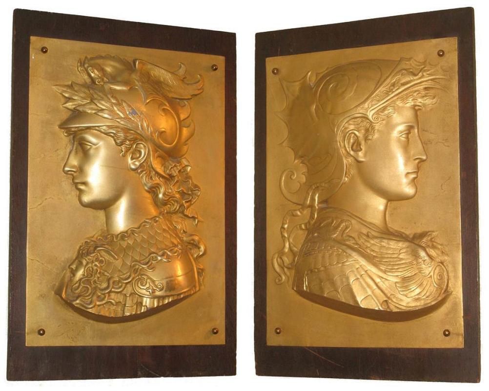 Pair Antique Greek Revival Gilt Metal Relief Plaques Depicting Soldiers