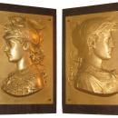 Pair Antique Greek Revival Gilt Metal Relief Plaques Depicting Soldiers