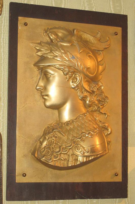 Pair Antique Greek Revival Gilt Metal Relief Plaques Depicting Soldiers