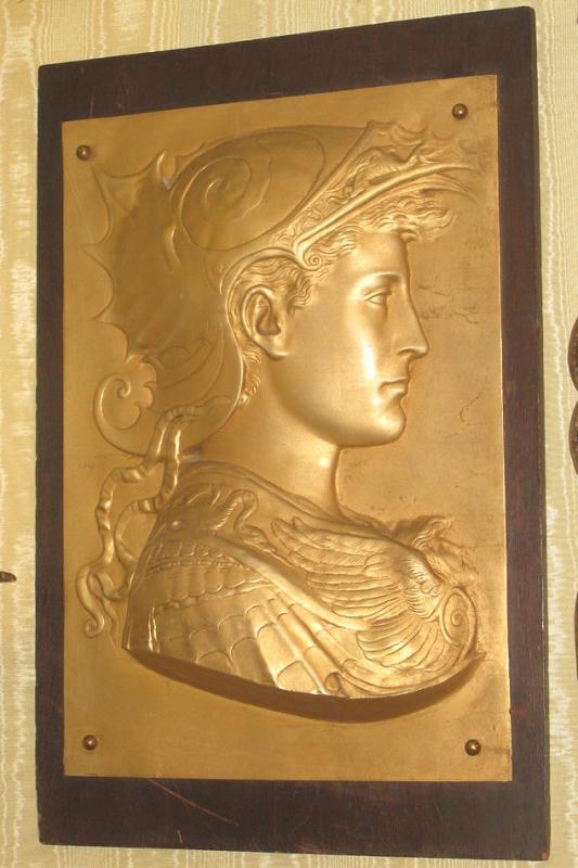 Pair Antique Greek Revival Gilt Metal Relief Plaques Depicting Soldiers