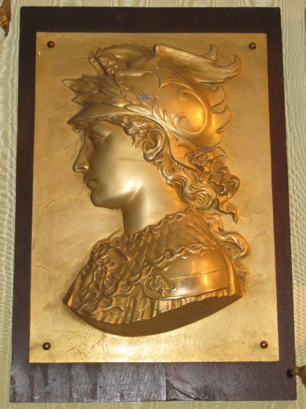 Pair Antique Greek Revival Gilt Metal Relief Plaques Depicting Soldiers