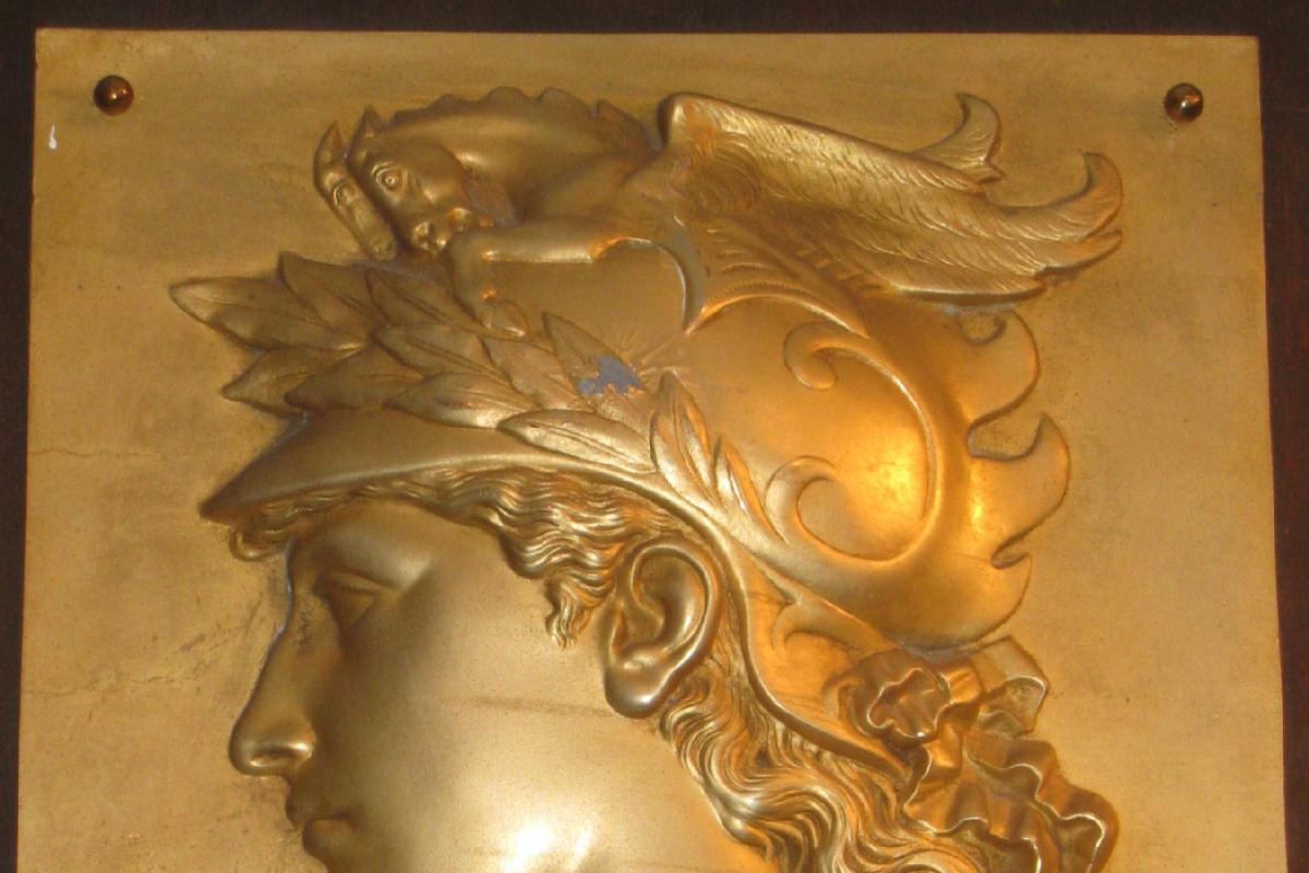 Pair Antique Greek Revival Gilt Metal Relief Plaques Depicting Soldiers
