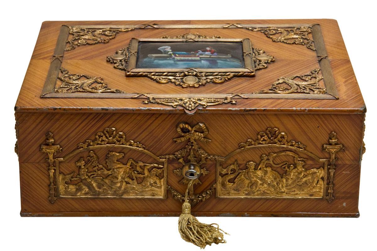 Antique Renaissance Revival Enamel Bronze Mounted Jewelry Box Casket