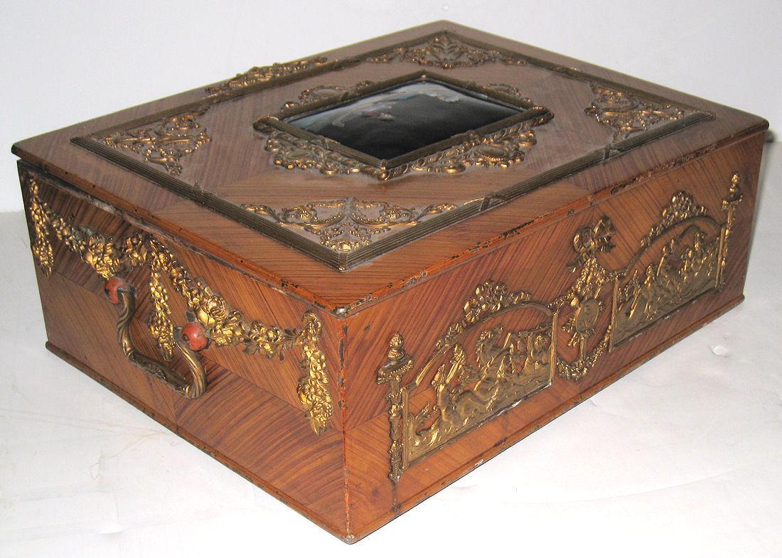 Antique Renaissance Revival Enamel Bronze Mounted Jewelry Box Casket
