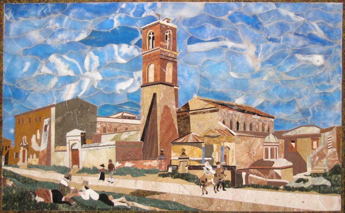 Italian Pietra Dura Mosaic Stone Plaque or Tabletop Depicting Village Landscape